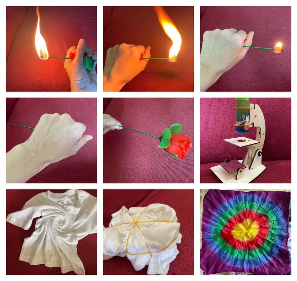 A making session: flame, microscope, and tie-dye in progress